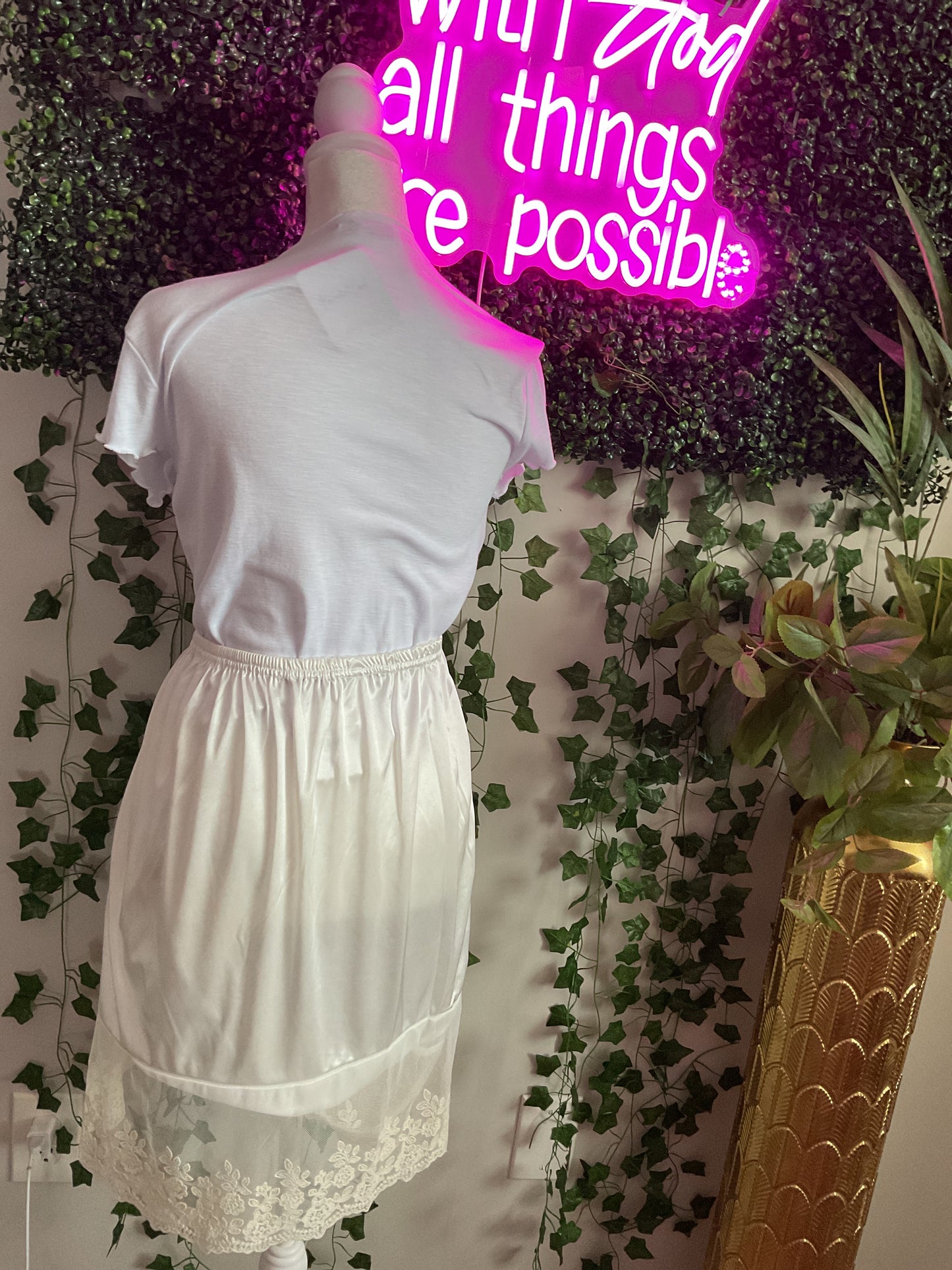 Lace Satin Half Slip Skirt White
