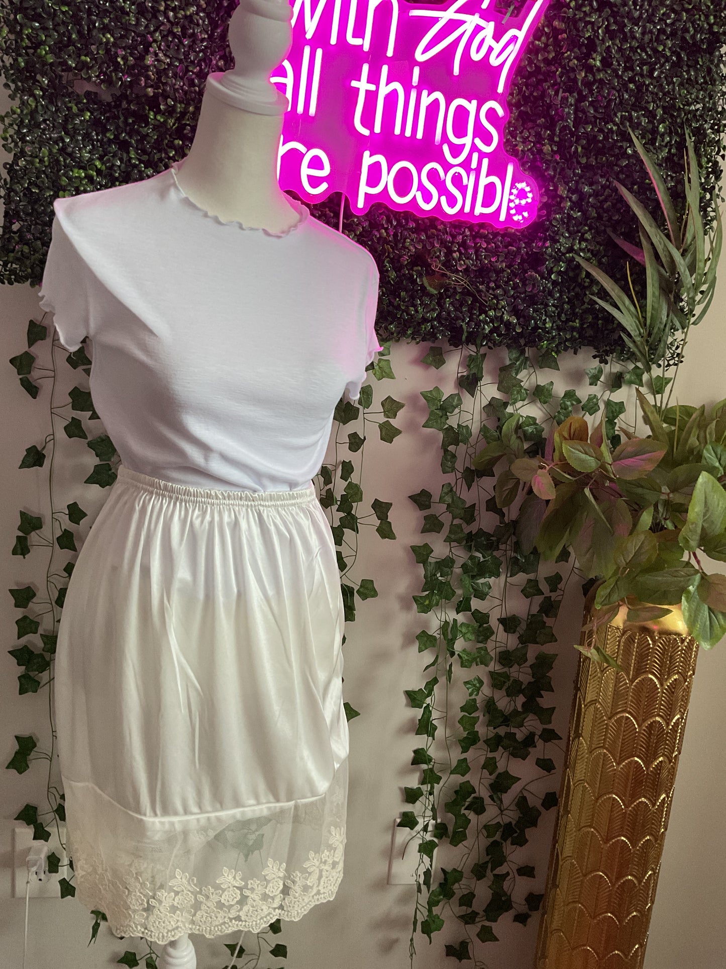 Lace Satin Half Slip Skirt White